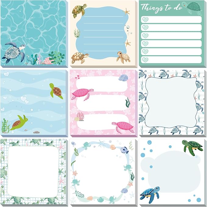 9 Pads Cute Sticky Notes Cartoon Self Stick Notepads 3x3 Inches Notes Adhesive Memo Pad Office Decor Gifts for Students School Teacher Office Meeting(Turtle)