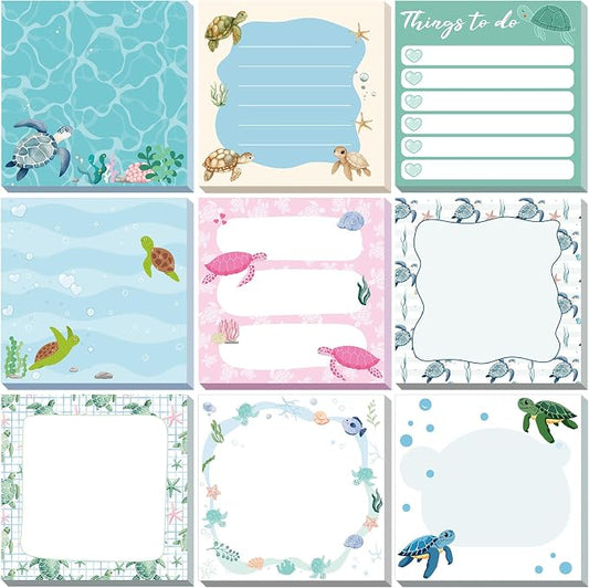 9 Pads Cute Sticky Notes Cartoon Self Stick Notepads 3x3 Inches Notes Adhesive Memo Pad Office Decor Gifts for Students School Teacher Office Meeting(Turtle)