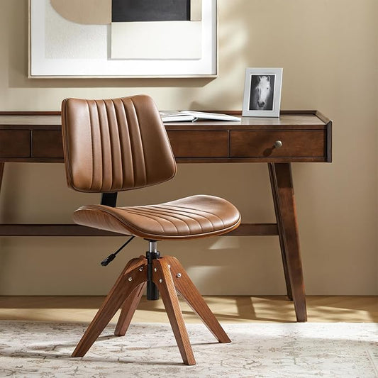 HULALA HOME Faux Leather Home Office Desk Chair No Wheels, Camel | Mid-Century Modern Desk Chair with Wood Legs, 360° Swivel Computer Task Chair with Channel-Tufted Backrest, Height Adjustable