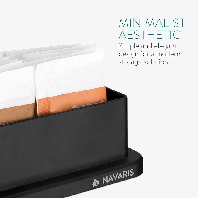 Navaris Small Coffee Station Organizer - Tea and Coffee Condiment Supplies Holder with Stacking Cup Storage - For Kitchen or Office Break Room - Black