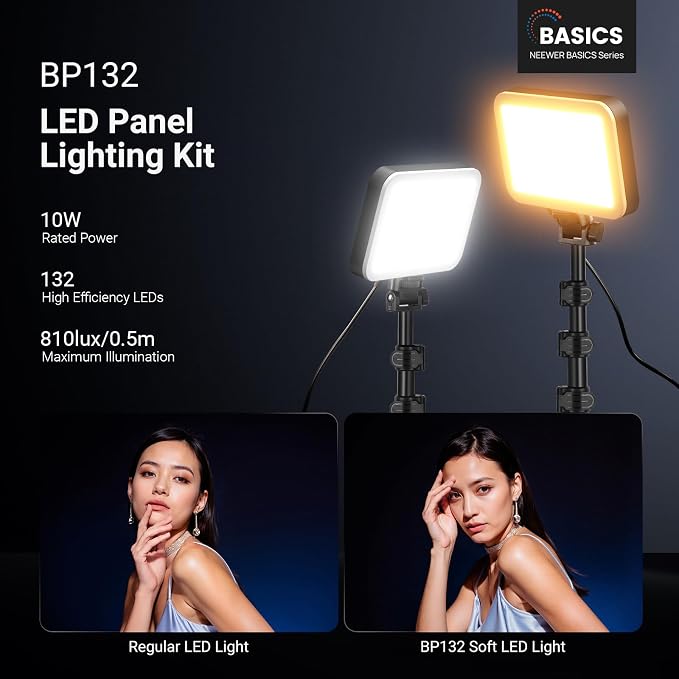 NEEWER Basics 2 Pack LED Video Light Panel Lighting Kit, 6.2" Dimmable Portable Studio Light with 53" Tripod Stand, 3200K-5600K/CRI95+ 810lux for Photography Video Recording Streaming Podcast, BP132