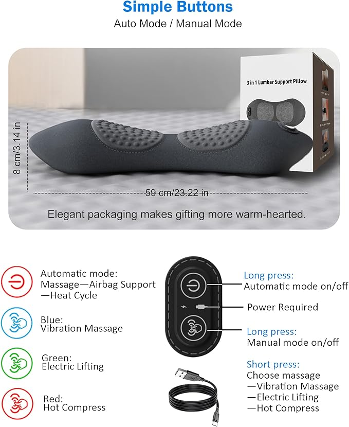 3 in 1 Electric Lumbar Support Pillow -Lower Back Massager with Heat & Vibration,Air Lift Technology,Ergonomic Memory Foam Back Massager for Pain Relief Deep Tissue