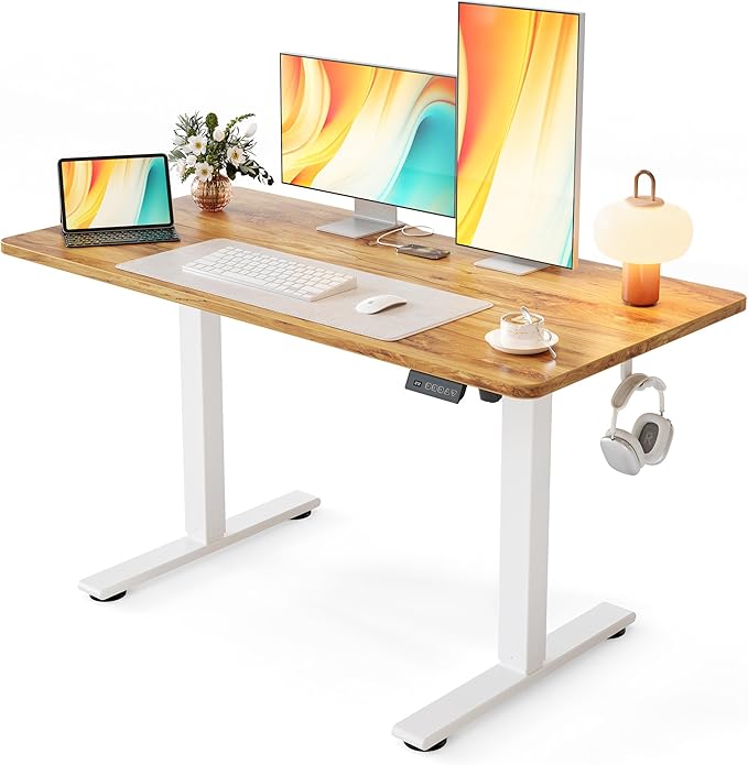 Cubiker Standing Desk, 48x24 Inches Sit Stand Home Office Desk, Electric Stand up Desk, Adjustable Desk with Splice Board, White Frame/Light Rustic Top