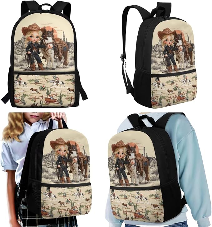 WELLFLYHOM Western Cowgirl Horse Backpack for School Girls 6-8, 4 in 1 Set | Book Bag with Lunch Box Pencil Case Water Bottle Sleeve Elementary Students School Bag Set Kids Back to School Supplies