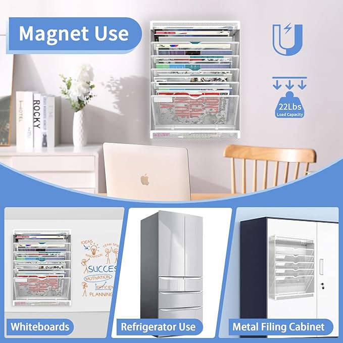 7 Tier Magnetic File Holder, No Drilling Wall File Organizer for File Cabinets Whiteboard Refrigerator,Office,Classroom, Hanging Paper Folder Holder, White