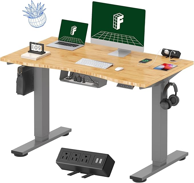 FLEXISPOT EN2 Whole-Piece Bamboo Standing Desk with Clamp Power Strip, 48 x 24 Electric Stand Up Height Adjustable Desk with Cable Management (Grey Frame + 48" Bamboo Top, 2 Packages)