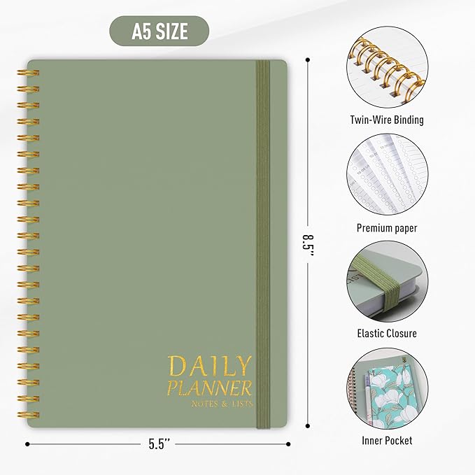 Daily Planner Undated - Simplified To Do List Notebook with Hourly Schedules, Spiral Appointment Organizer, 5.5" x 8.5", Easily Manage Your Tasks and Productivity - Green