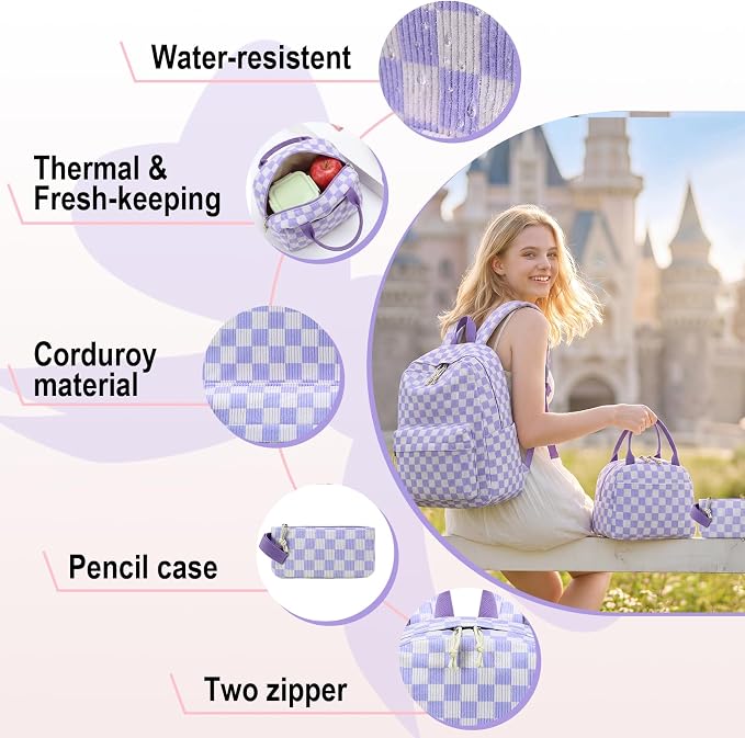 LEDAOU Kids Backpack for Girls Backpacks with Lunch Box, Lightweight Bookbag Set Elementary Middle School Back pack for 8-14