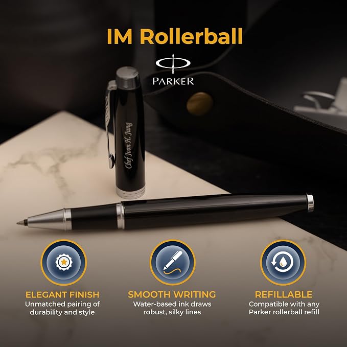 Parker IM Engraved Rollerball Pen, Black with Chrome Trim, Quink Black Ink, Silver Engraving on Cap, Arrow Clip, Gift for Graduation, Career Advancement, Writers, Parker Gift Box