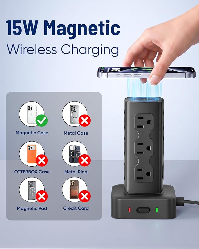 Power Strip Tower Surge Protector(2000J), PD65W Charging Station Tower with 12 AC Outlets & 8 USB Ports (4 USB C), 6FT Extension Cord for Home Office Dorm, Black