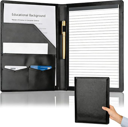 Padfolio Portfolio Binder, Faux Leather Folder, Resume Interview Legal Document Organizer, Letter Sized Writing Pad w/Business Card Holder, A4 Professional Folio for Office Conference (Black)