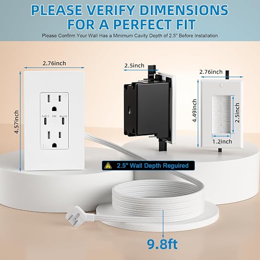 in Wall Cable Management Kit, 2 AC & 2 USB-C Ports Recessed Outlet Relocation kit,in Wall Power Kit with 9.8ft Extender for Unreachable Outlets,Hide TV Cords & Cables