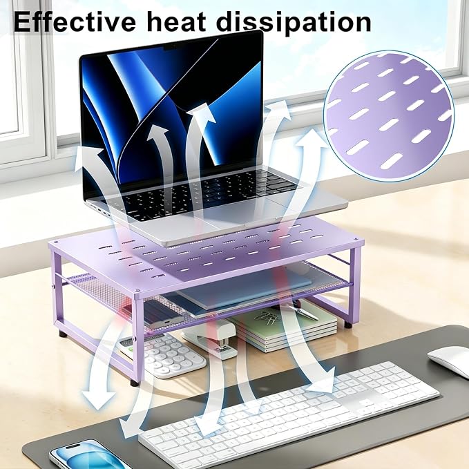gianotter 2-Tier Metal Monitor Stand Riser, Office Desk Storage Organizer for Computer Monitor, Laptop, Printer, Office Supplies (Purple)