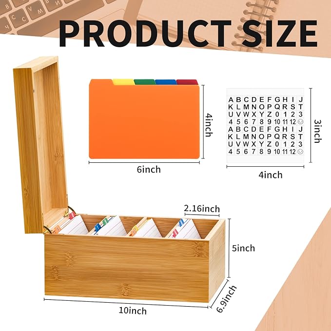 4 x 6 Inch Index Card Holder Set, Bamboo Organizer Box with 50 Dividers & 2 Sheets Alphabet Number Stickers File Note Holders, Holds 1200 Cards for Office Business Home Kitchen, Wooden Color