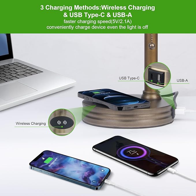 Green Glass Bankers Lamp, Retro Desk Lamp with USB Wireless Charging Port, Classic Pull Chain Switch Table lamp, for Home Office nightstand Bedside Study Desk Library