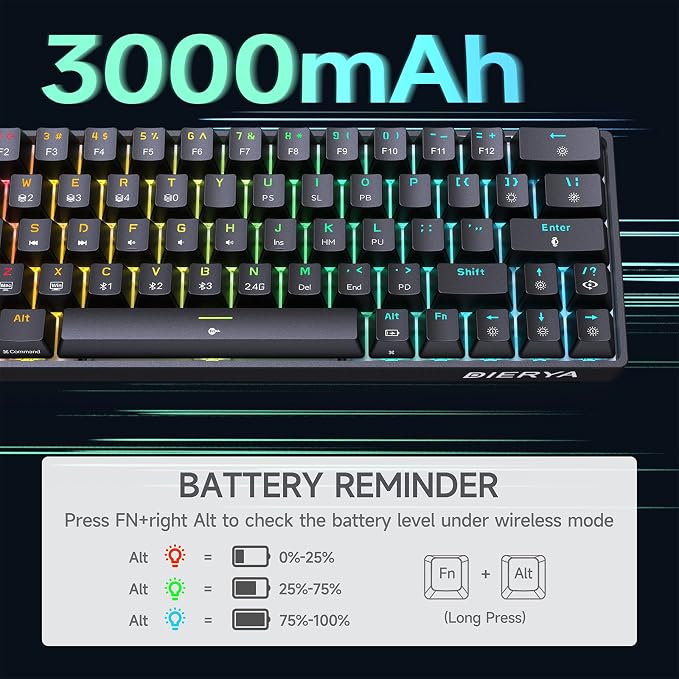 DIERYA DK63 60% Wireless Mechanical Gaming Keyboard | Bluetooth/2.4G/Wired Keyboard | RGB Backlit Compact 63 Keys Mini Office Keyboard | with Blue Switch | for Windows Laptop PC Gamer Typist-Black