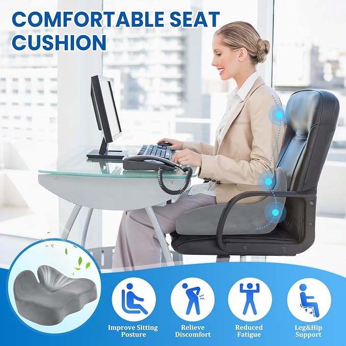 CushZone Seat Cushion, Memory Foam Office Chair Seat Cushion for Office Chairs/Car/Long Trip/Desk Chair/Gaming, X-Large Size for Sciatica & Hip & Tailbone Pain Relief, Sciatica Support (Light Gray)