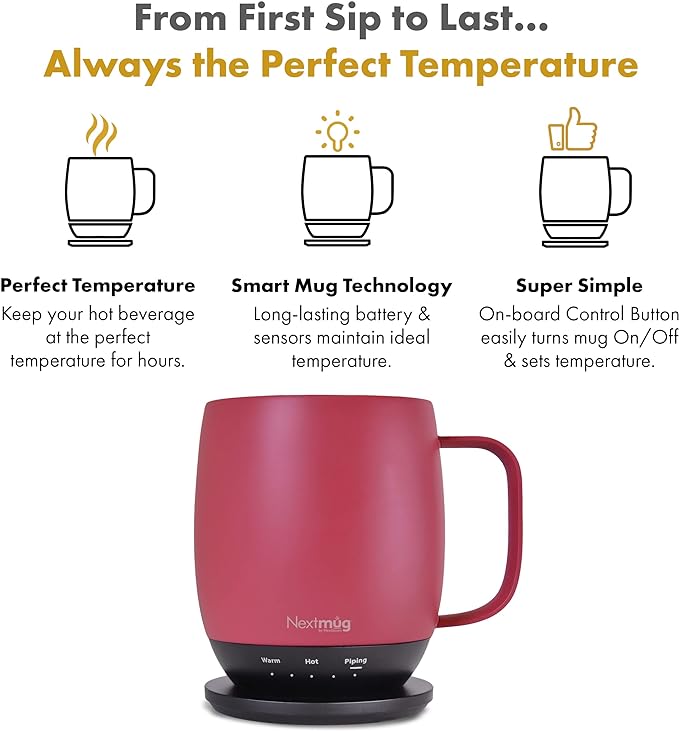 Nextmug - Temperature-Controlled, Self-Heating Coffee Mug (Dusty Rose - 14 oz.)