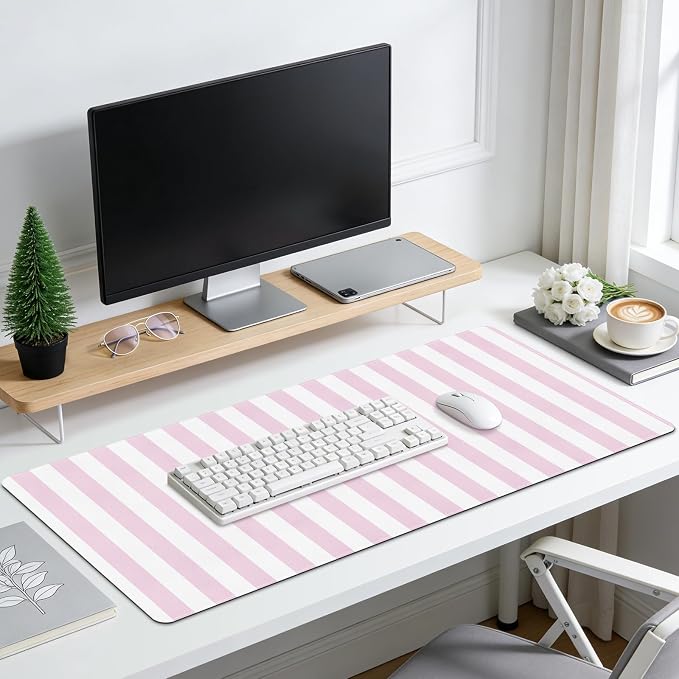 Pink Striped Desk Mat Cute Large Mouse Pad Kawaii Extended PU Leather Mat for Home Office Desk Decor for Women Cozy Gaming Keyboard Pad 35.4 X 15.7inch