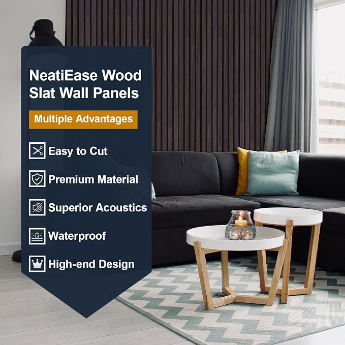 NeatiEase Wood Panels for Wall, 4-Piece 120" x 12.6" Soundproof Wood Slat Wall Panel for Interior Wall Decor Noise Cancelling, Acoustic Wall Panels, Sound Absorbing Panel (Dark Walnut)