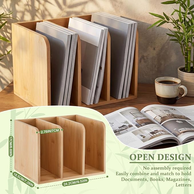 Novabright Bamboo File Magazine Holder Desk Organizer, 3 Vertical Compartments Workspace Sorters for Magazines, Binders, Notebooks, Envelopes