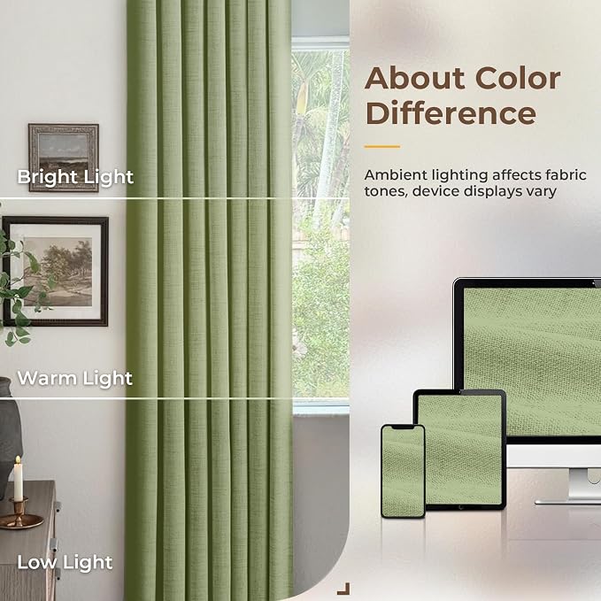 INOVADAY 100% Blackout Curtains for Bedroom, Sage Green Black Out Curtains 102 Inch Long, Clip Rings Linen Blackout Drapes, Thermal Insulated Room Darkening for Living Room, 2 Panels - W50xL102