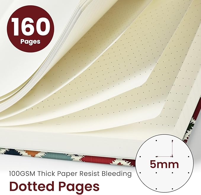 Dotted Journal Notebook for Women & Men, Hardcover Leather Journal for Writing, A5 Dotted Journaling Notebook for Work & Sketching, Perfect for Office School Home Supplies, 160 Pages, Retro Argyle