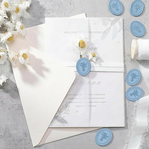 UNIQOOO Wax Seal Stickers -Vintage Photo Frame Floral Bouquet Wedding Invitation Envelope Seal Stickers, 50 Pcs Self-Adhesive Dusty Blue Stickers, Perfect for Invitation, Christmas, Gift Wrapping