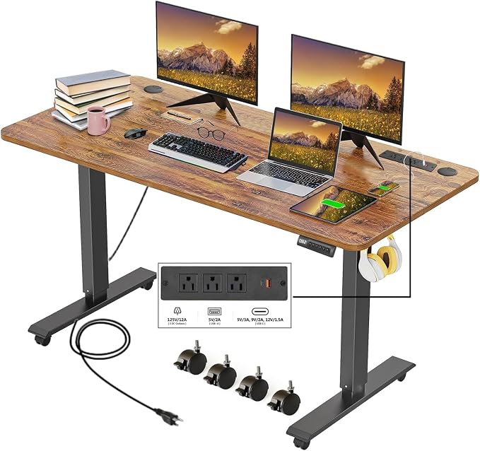 Electric Standing Desk with Power Outlets and USB-C Port, 48 x 24 Inches Adjustable Height Sit Stand Up Desk for Home Office, Adjustable Desk with Memory Preset and Wheels, Brown
