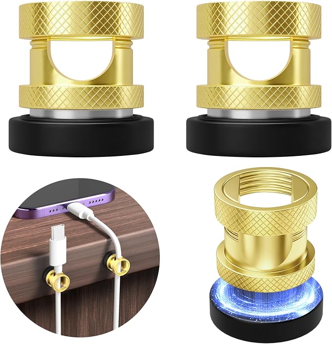 Maveek Magnetic Cable Clips, Knurled Metal Desk Cord Organizer, 4 Pack, Gold