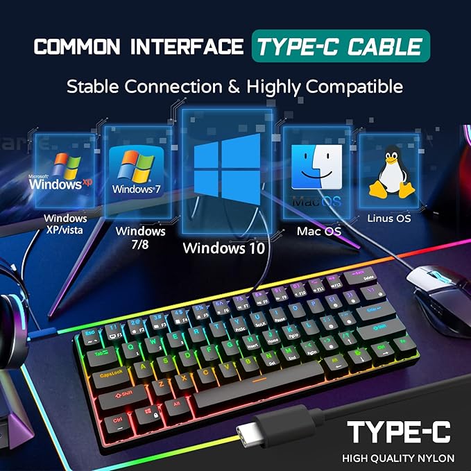 RK ROYAL KLUDGE RK61 Wired 60% Mechanical Gaming Keyboard Programmable QMK/VIA RGB Backlit 61 Keys Ultra-Compact Hot Swappable Brown Switch Black