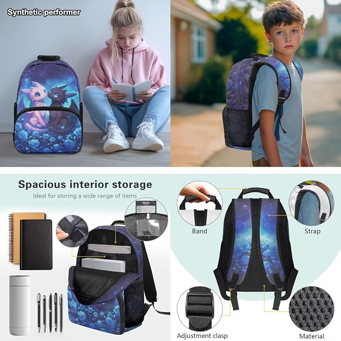 Dragon Backpack for Boys Girls Ages 6-10, 4PCS Blue Rose School Backpack Set with Lunch Box, Lightweight 17 Inch Elementary Bookbag for Kids Back to School
