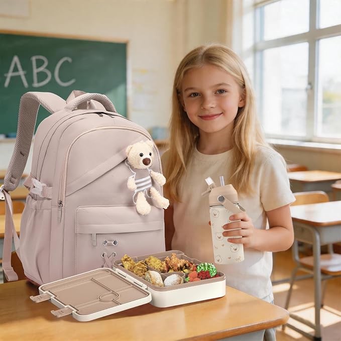 ACESAK Girls Backpack for School Set - 5 PCS Cute Girls Backpack with Lunch Box, Pencil Case, Bento Box & Insulated Water Bottle - Kawaii Casual Kids Bookbag Set Back to School Supplies (Khaki)