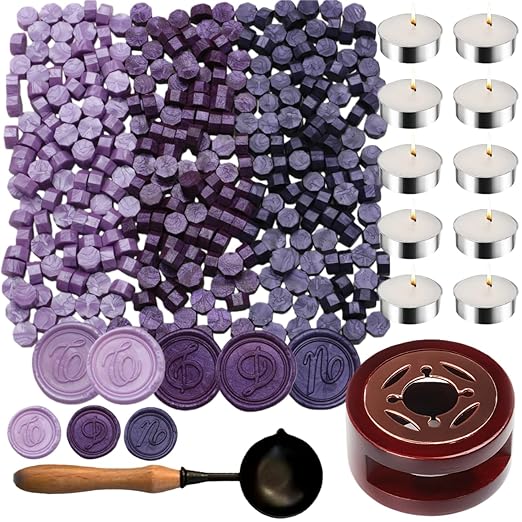 Wax Seal Kit with Warmer, ONWINPOR 300pcs Sealing Wax Beads in 3 Colors, Non-Slip Spoon, Candles for Envelopes, Stamp Letter Seal,Wedding Invitations (Purple Mix)