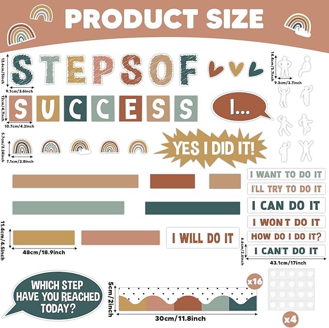 Motivational Bulletin Board Decorations Set Back to School Positive Classroom Decor Steps of Success Paper Cutouts Educational Sayings Accents for School Door Wall Chalkboard Decor Supplies (Boho)