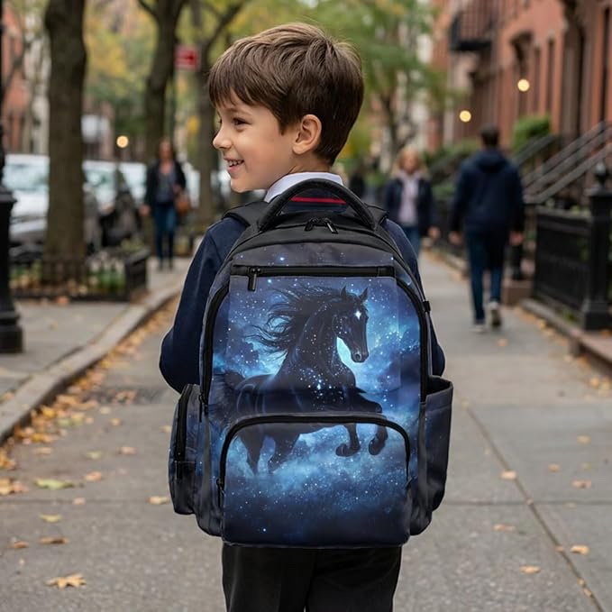 Horse Backpack with Lunch Bag for School Boys School Bags Large 17 Inch Lightweight Bookbags with Padded Zippered Pocket for Kids Teens Ages 8-10