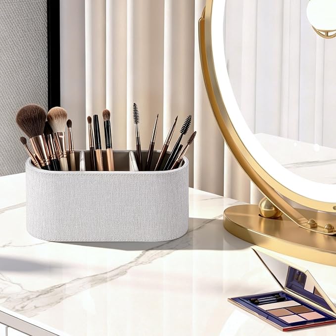 Aesthetic Remote Control Holder, PU Leather Remote Holder Desktop Organizers with 3 Compartments for Home Office Supplies and Accessories, Stylish Bedside Nightstand Organizer (Linen)