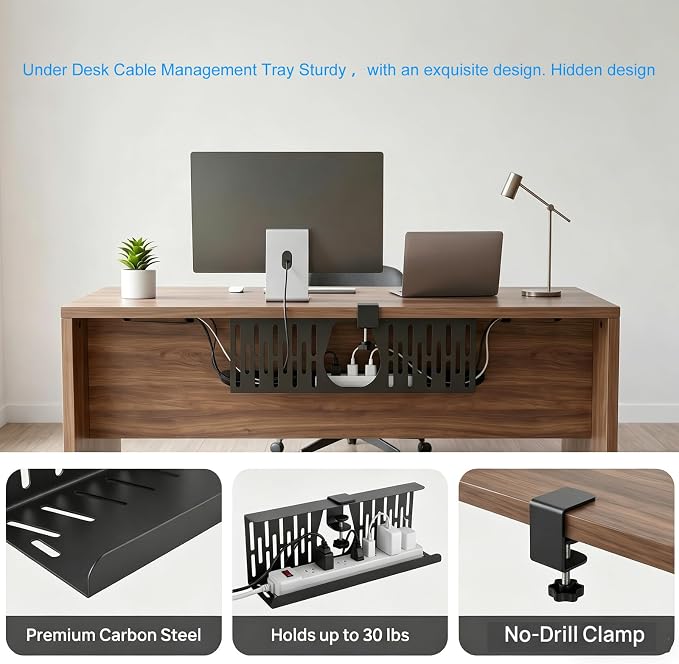 Under Desk Cable Management Tray, Cord Organizer for Desk Cable Management Tray Under Desk with Clamp for Home Office, Standing Desk (2Pack Black)