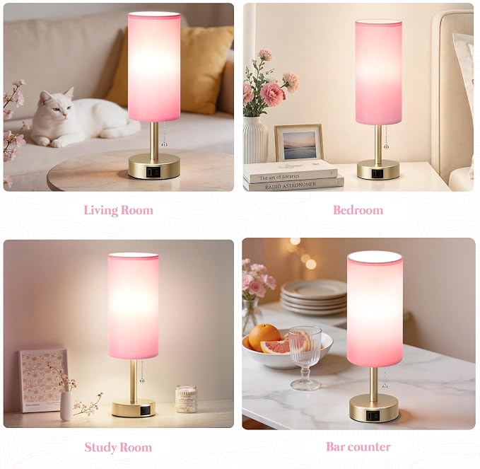 Dicoool Pink Bedside Table Lamp for Bedroom, Small Nightstand Lamp for Girls, 3 Color Temperatures & USB Charging Port, Cute Desk Lamp for Kids Teens Room Decor, Dorm Room Essentials