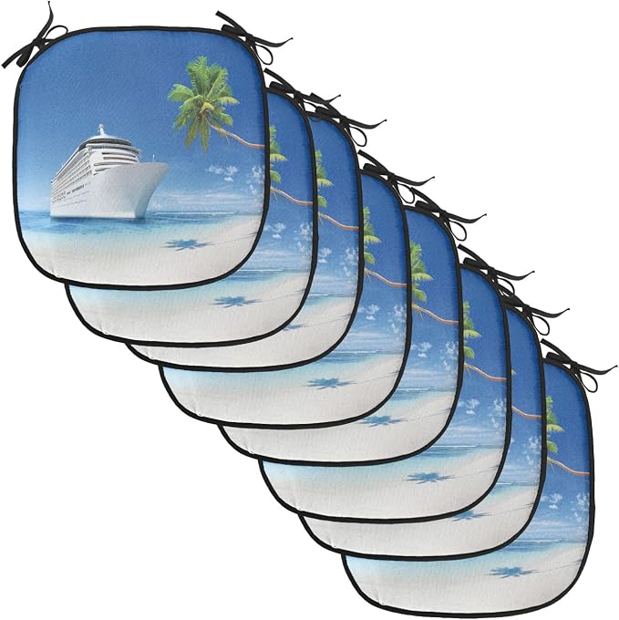 Lunarable Travel Chair Cushion Pads Set of 8, Ship Coastline Palm Tree Sandy Beach Nature Sunny Day Exotic Journey Seascape, Anti-Slip Seat Padding for Kitchen & Patio, 16"x16", Blue Green White