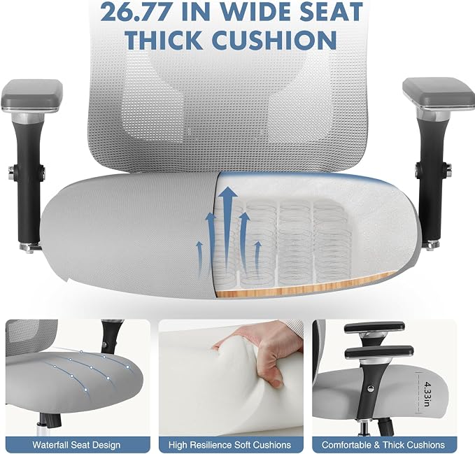 DUMOS Big and Tall Office Desk Chair with Lumbar Support, 500lbs Heavy Duty Mesh Ergonomic Computer Chair with 4D Armrest and Wide Comfy Seat, Swivel Wheels for Adult, Grey