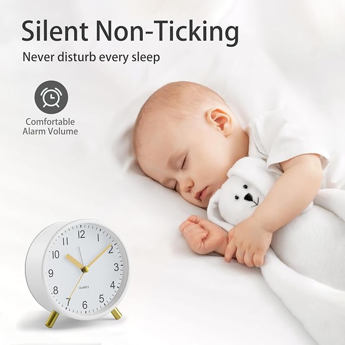 JALL Analog Alarm Clock, 4 inch Super Silent Non Ticking Small Clock with Night Light, Battery Operated, Simple Design, Easy Setting for Office, Bedroom, Bedside, Desk, Teens, Elders, Adult, White
