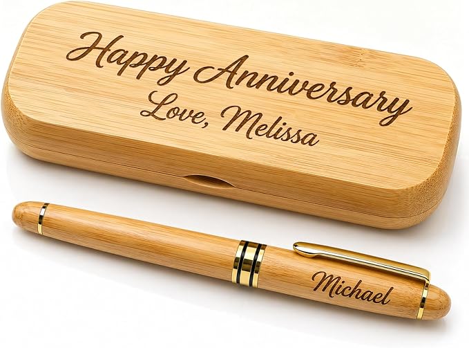 Personalized Engraved Bamboo Pen Set with Case – Custom Engraved Pen with Name, Personalized Ballpoint Pen Gift for Men, Teacher, Doctor, Graduate, Wooden Customized Pens