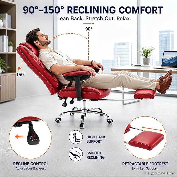 Big and Tall Office Chair，Heavy Duty Wide Executive Office Chair (Red) | Breathable Leather，Double-layered Backrest，Seat Cushion Designed of Deluxe Embroidery Leather，Foot Rest, Adjustable Armrests