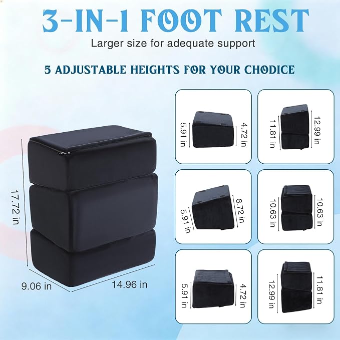 Novabright Foot Rest Under Desk, 3 Height Adjustable Ergonomic Foot Stool with Gel Textured Top and Cozy Pocket, Non-Slip Foam Footrest for Office Home Car(15" X 9" X 17.7",Parallel,Black)