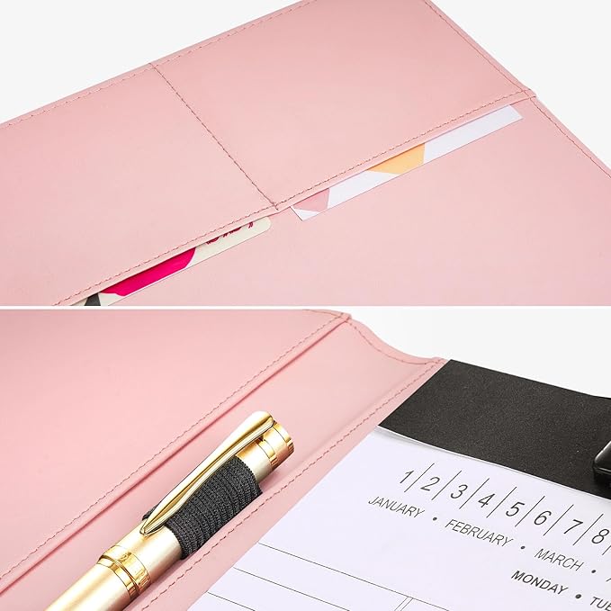 Professional Padfolio with Clipboard, Faux Leather Portfolio Folder Binder, 8.5 x 11 Legal Pad Holder for Letter Size Notepad, Resume, Writing Pad, Ideal Organizer for Business Office Conference, Pink