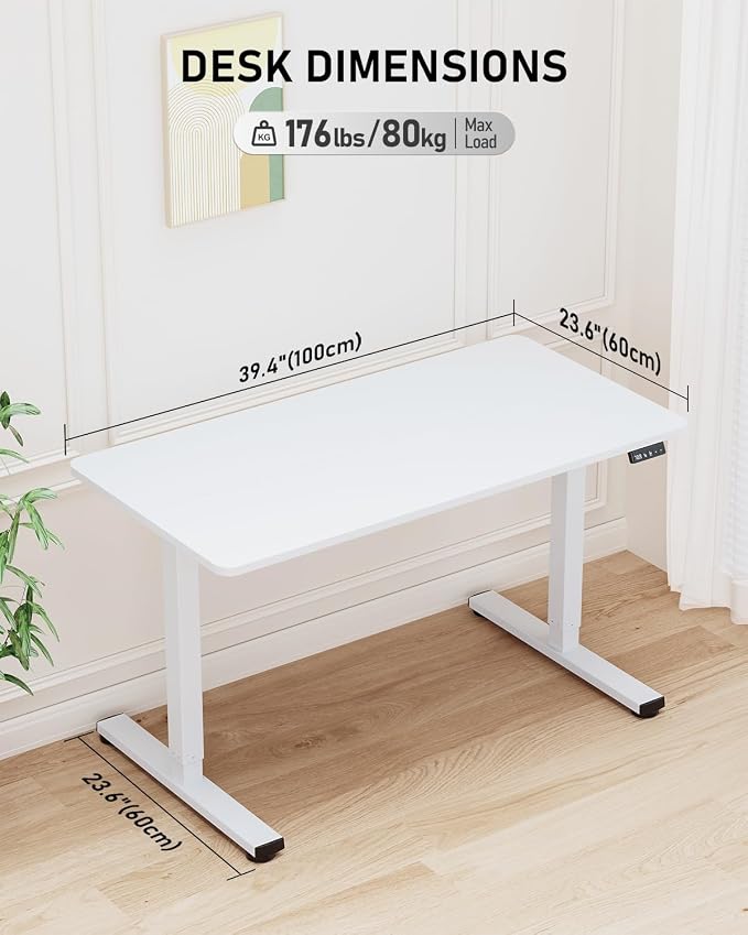 40" Electric Standing Desk Adjustable Height, Sit Stand up Desk for Home Office & Computer Workstation, 2 Memory Height Settings, Splice Board, 2 Hooks, White Frame/White Top