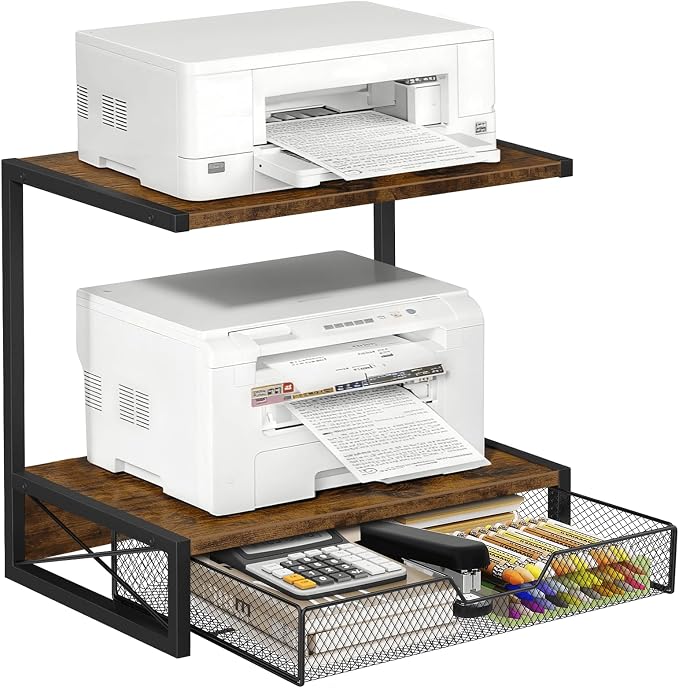 ELITEROO 2-Tier Desk Printer Stand with Storage Drawer, Wood Printer Stand | Small Printer Table with Shelf for Desktop, for Home Office, Fits Fax Machine, Scanner, 3D Printer, Rustic Brown
