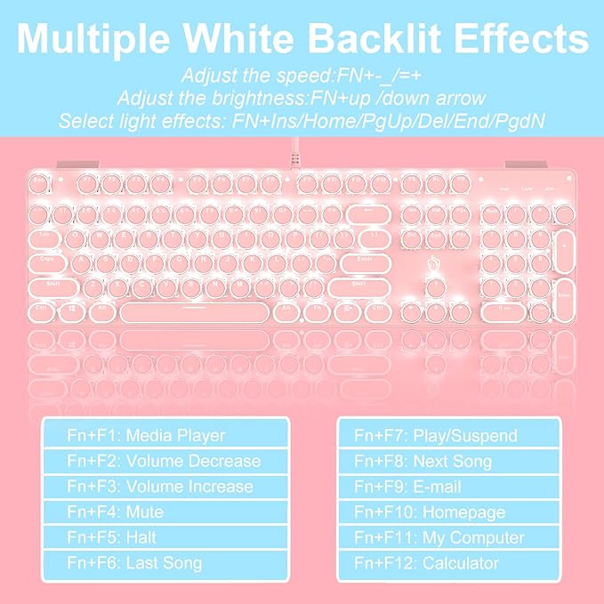 Typewriter Style Mechanical Gaming Keyboard LED Backlit Wired with Blue Switch Retro Round Keycap 104 Keys Keyboard (Pink 104Keys LED)