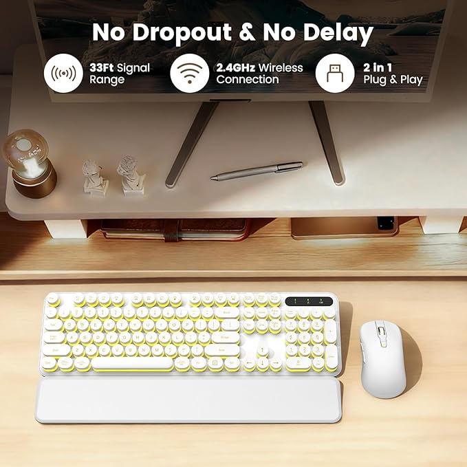 Wireless Keyboard and Mouse Combo, Backlit Round Keycaps, Retro Typewriter Keyboard with Detachable Wrist Rest, Rechargeable & Tilt Legs, 2.4GHz Cordless Connection for Windows/PC (Glowing White)